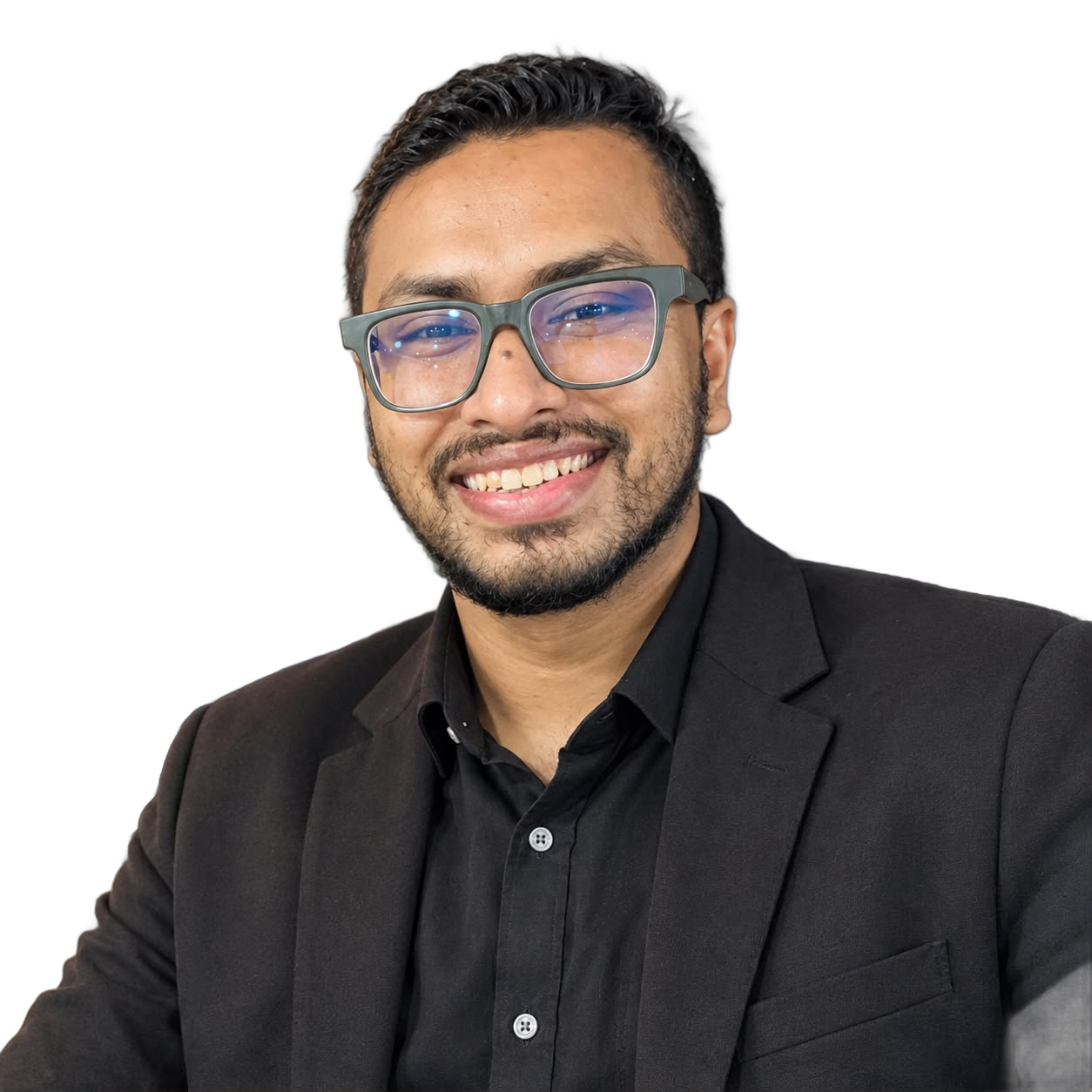 Fozayel Ibn Ayaz, full-stack developer, in a black jacket and glasses
